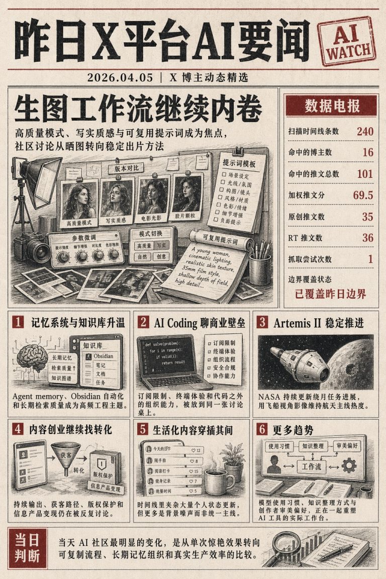 AI图像生成聚焦提示词与质感，记忆系统转向维护成本，AI Coding讨论工具链与商业约束
