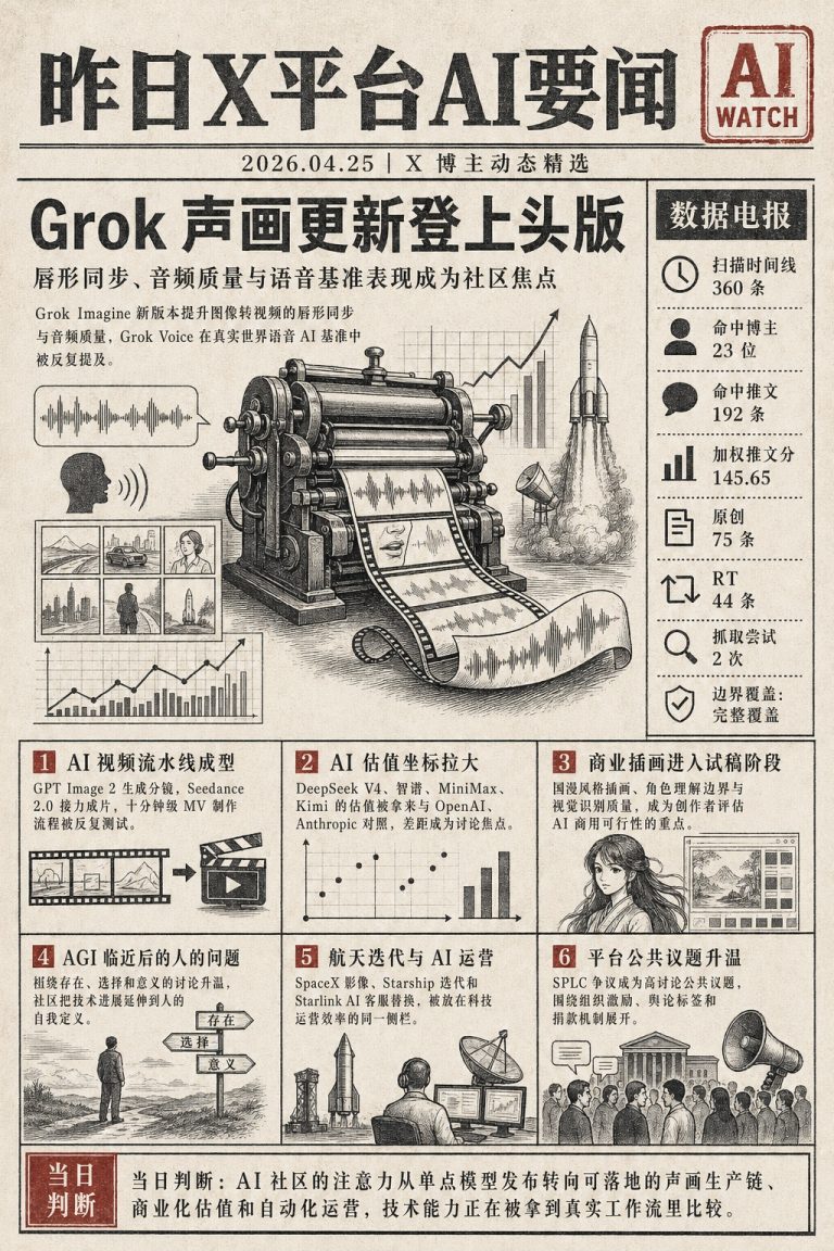 X 平台 4月25日 AI 简讯｜Grok Imagine 升级唇形同步，AI 视频生成工作流简化，DeepSeek 估值引关注