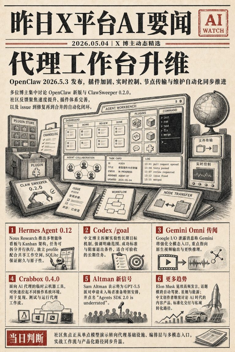 X 平台 5月4日 AI 简讯｜OpenClaw 自动化升级，Hermes Agent 看板与 Gemini Omni 泄露