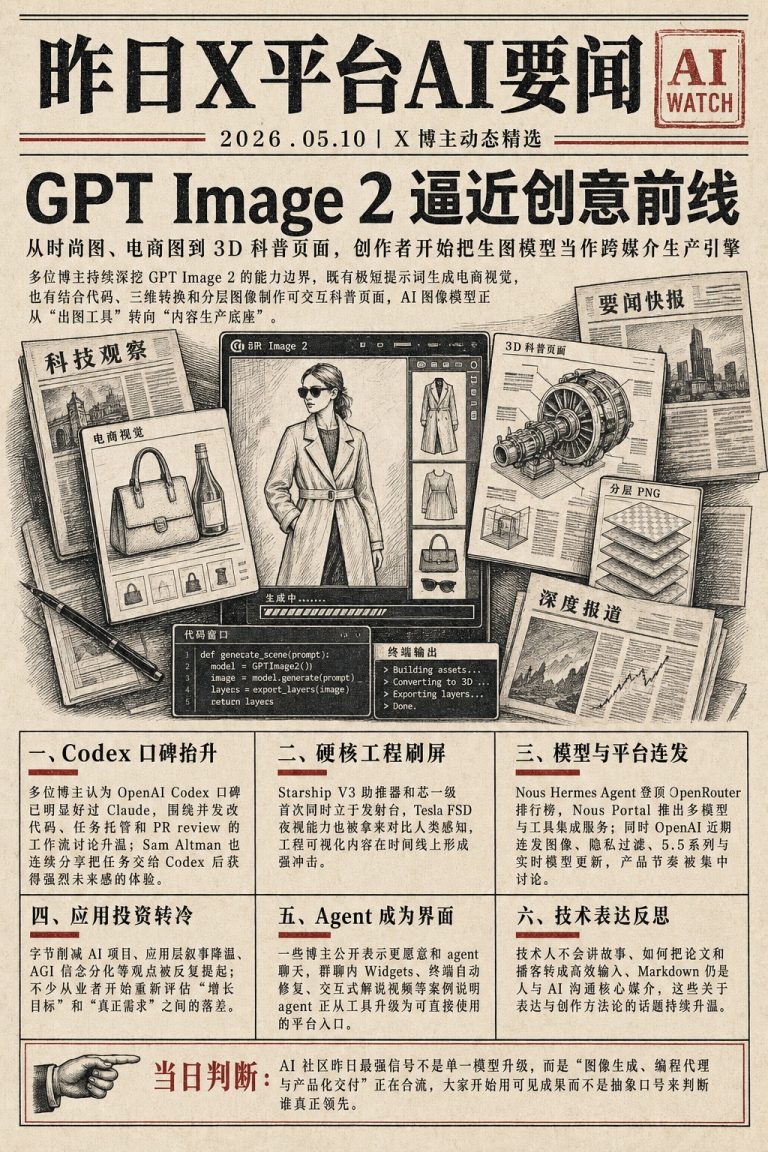 X 平台 5月10日 AI 简讯｜GPT Image 2创意探索与Codex口碑超越Claude